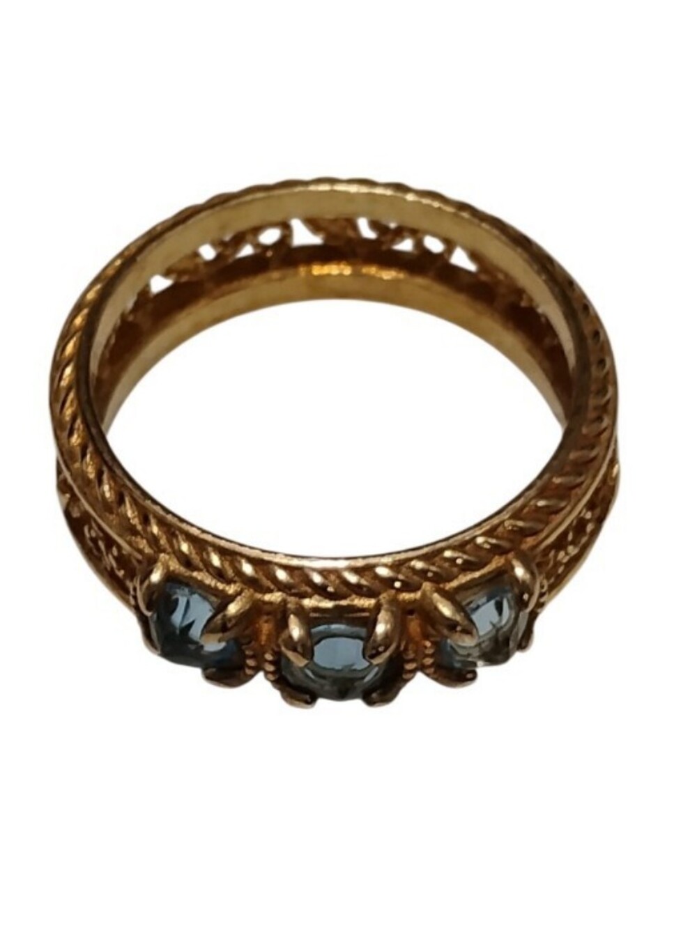 DGS Gold Vermeil Turkish Silver Blue Topaz Ring Ornate Patina Band Size 8